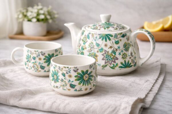 Ivory Bloom Mini Tea Set – Floral Ceramic Kettle with 2 Cups